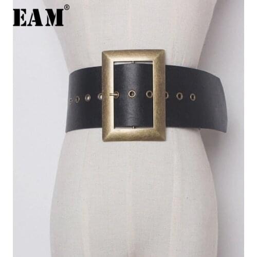 [EAM] 2021 Fashion New Metal Big Buckle PU Leather Exceed Width Belt Woman Retro All-match Solid Black Belt Women YA59901