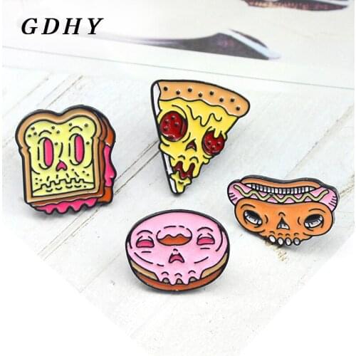 GDHY Skeleton Pizza Doughnut Hot Dog Sandwich Brooch Punk Skeleton Wack Dessert Food Enamel Pin Cartoon Badge Halloween Jewelry