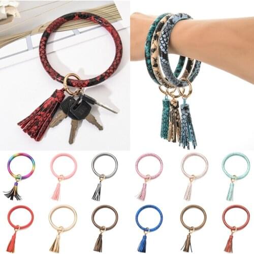 PU Leather Round Circle Tassel Key Chain Women Girls Creative Wristlet Key Ring Muliti Color Car Key Holder Gift Trinket