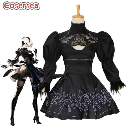 Cosersea Game Nier: Automata 2B Cosplay Costume Action Role-Playing Video Women Black Maid Dress Eye Mask Socks Fullset
