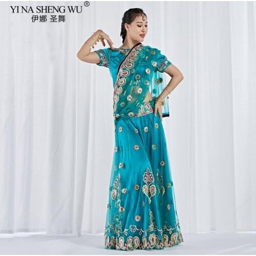 Dance Wear Performance Belly Dance Clothes Indian Dance Embroidered Bollywood Costume Top Skirt Sari Oriental Costumes 3pcs Set