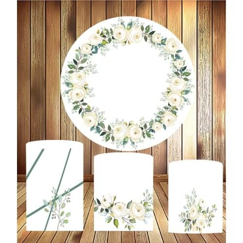 Round circle panel girl birthday dessert table party decor wedding floral bridal shower elastic fabric 3 cylinder plinths cover