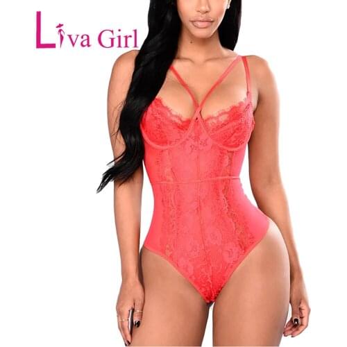 LIVA GIRL Lace Sexy Hollow Out Lace Bodysuit 2021 Female Sling Bodycon Jumpsuit Woman Solid Halter Tops Bedtime Underwear S-L