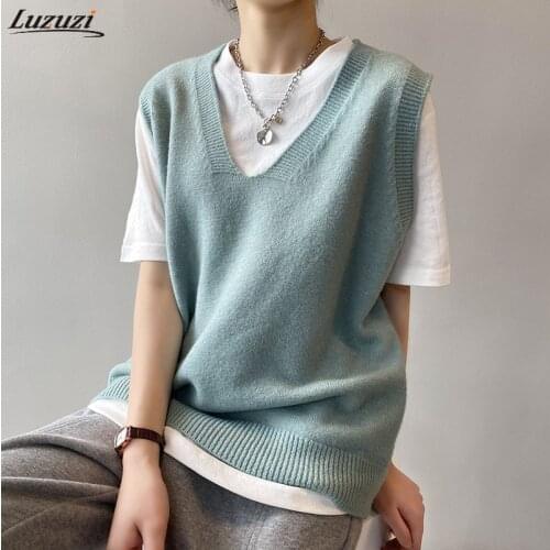 Luzuzi Oversized Sweater Vest Women Retro Outerwear Lazy Knitted Sweater Female V-neck Waistcoat Chic Sweater Top loose vest