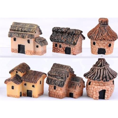 2PCS Mini Small House Miniature Figurine Chinese Style Home Decoration Fairy Garden Cartoon Building Statue Resin Craft Doll Car