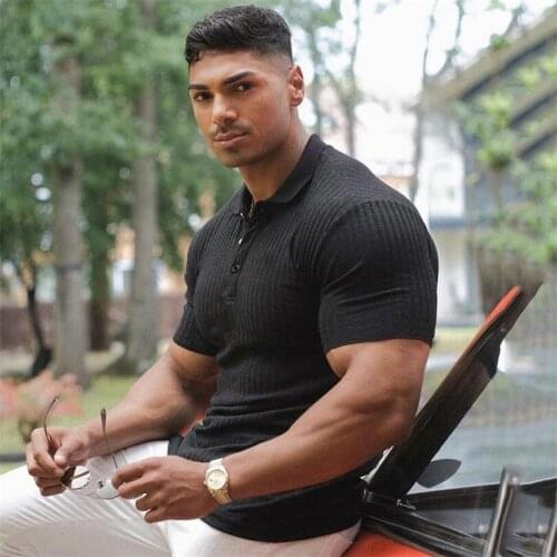Men Short Sleeve Knitted Polo Shirt Fitness Slim Fit Black Strips Polo T-shirt Male Brand Gym Tees Tops Summer Fashion Clothing