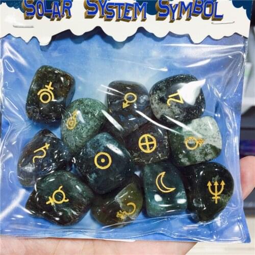 Natural Moss Agate Stone Crystal 12 Star Hand Made Carved Solar System Symbols Fashion Carved Home Decoration Gifts