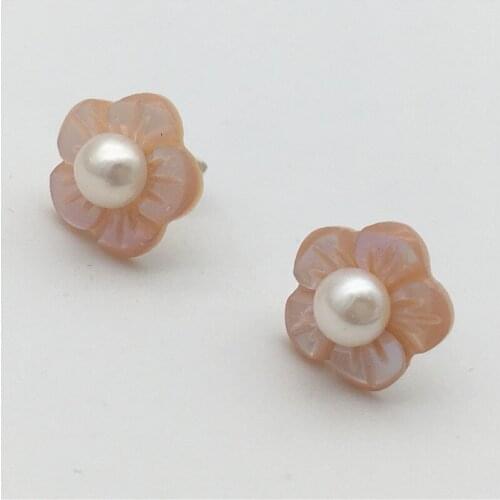 New hand carved real pink shell 925 sterling silver flower pearl woman gift fashion Jewelry stud earring