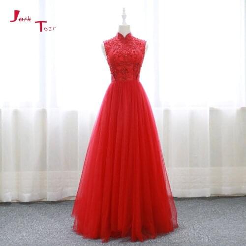 New Arrive High Neck Lace Up Open Back Appliques Shiny Beading Crystal Red Formal Evening Dress long Vestido