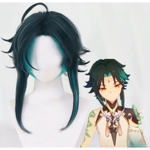 Game Genshin Impact Xiao Wig Cosplay Dark Green Synthetic Short Straight Heat Resistant Hair Adult Women Halloween Party Men