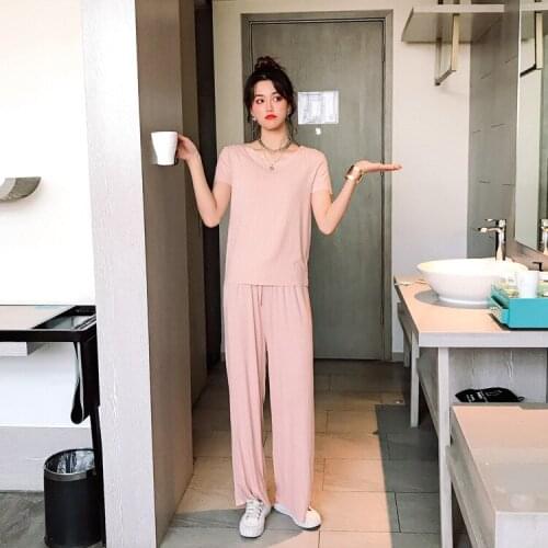 2021 Summer Thread Cotton Short Sleeve Trousers Home Suit Pajamas Womens Wide Size Nightgown 2Pcs Set Nightwear Sexy Sleepwear