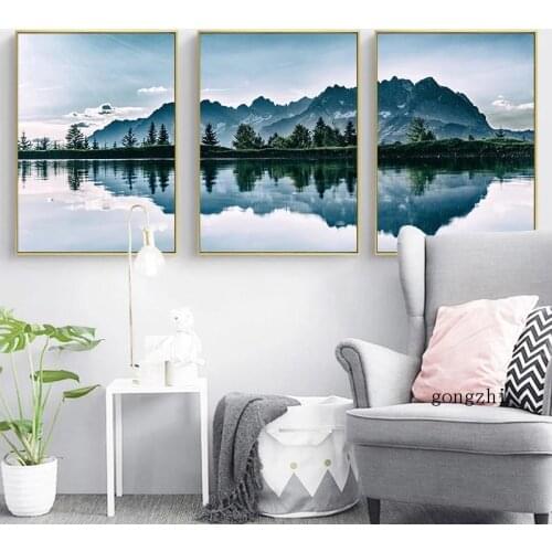 Reflection In The Lake Nordic Poster Forest Mountain Nature Scenery Canvas Painting Prints Wall Art Pictures Living Room Decor
