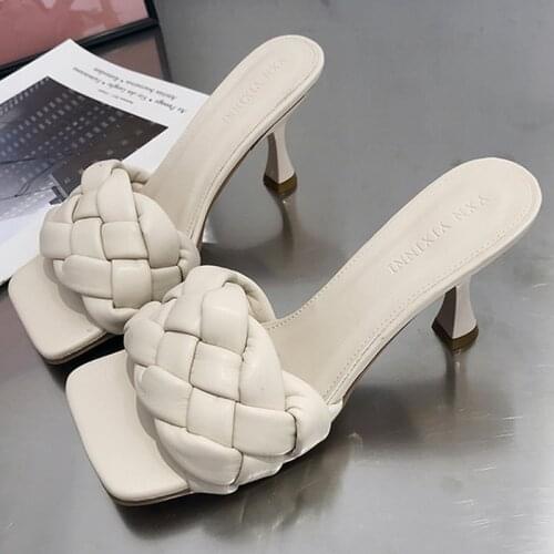 Sexy High Heel Slippers Fashion Square Toe Sandals Summer Thin Heels Slides Women Mules Slip On Hand-woven PU Women Slipper