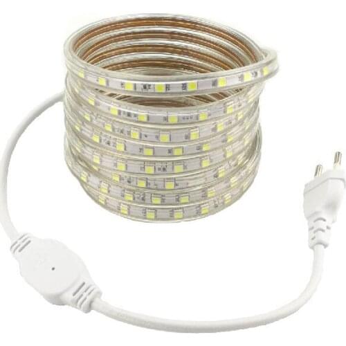 Fita LED 220 Volt 5050 LED Strip Light Ribbon European Standard Power Cord Warm / Cold white Red Blue for Bedroom Living Room