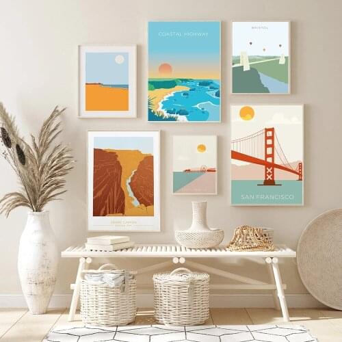 Nordic Vintage Travel Cities Poster San Francisco Golden Gate Bridge Landscape Art Canvas Painting Wall Pictures Home Decor