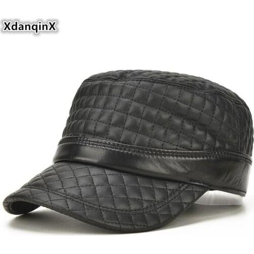 XdanqinX New Mens Flat Caps Sheepskin Leather Cap Army Military Hat Adjustable Size Men Brand Genuine Leather Hats Snapback Cap