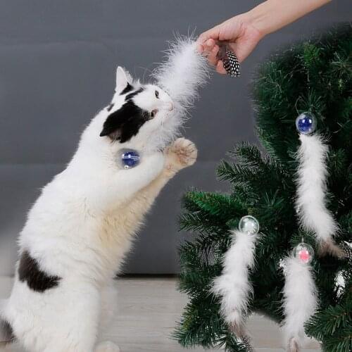 5pcs/lot Funny Cat Feather Toys Christmas Natural Bird Feather Cat Playing Toys Crystal Ball Cat Interactive Plush Toy 3 Colors