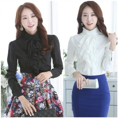 2019 Office Blusa Chiffon S-XXL Womens bowtie OL shirt puff Fashion Long Sleeve Solid Vintage Shirts Tops chiffon blouse W00391