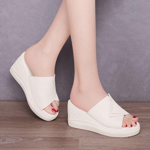 Cowhide wedges sandals women wear 2021 new summer fashion high heels leather lazy thick-soled fish mouth slippers