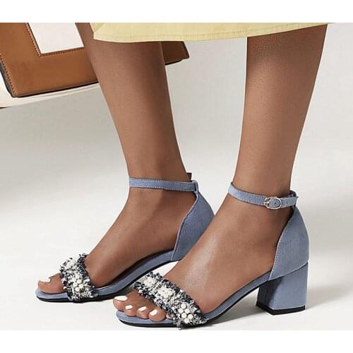 AGODOR Pearl Design Women Open Toe Sandals All Match Block High Heel Summer Shoes Ladies Casual Ankle Strap Sandals Size 34-48