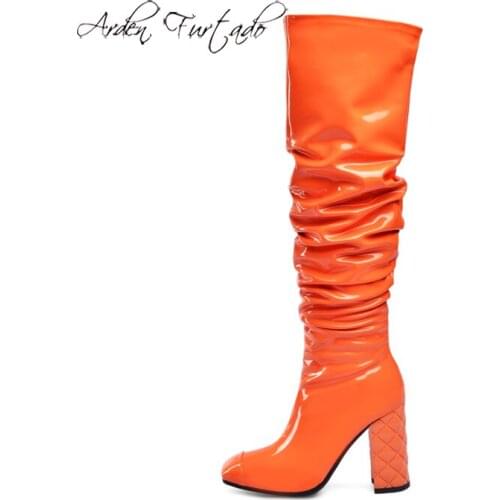 Arden Furtado Fashion Womens Shoes Winter Pointed Toe Chunky Heels Sexy Concise Elegant Ladies Boots Womens orange white Boots