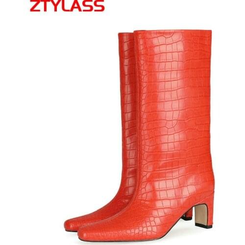 2021 Retro Square Toe Stone Print Women Boots Fashion Slip On Knee High Boots Autumn Winter Plus Size Square Heel Shoes Woman