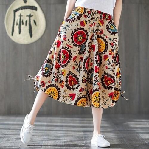 Womens Cropped Contrast Color Cropped Pants Womens Art Chinese Style Loose Pants Cotton and Linen Casual Trousers 10424