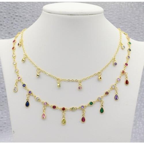 Boho Colorful Wter Drop Tassel Layered Gold Necklace rainbow cz Choker Pendant Women Neck Collier