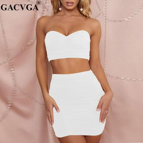 GACVGA Ruched Two Piece Set Summer Bodycon Dress Women Sexy Strapless Crop Tops And Mini Dress 2 Piece Sets Club Party Clothes