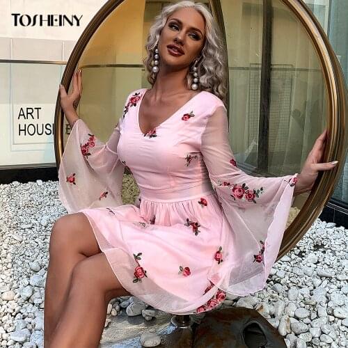 Tosheiny Women Floral Print Pleated Dresses Fashion High Waist V Neck Flare Sleeve Mini Dress M0199