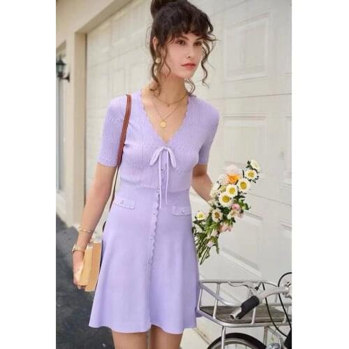 Women Dresses Summer Short Sleeve Mini A-Line Knitted V-Neck Solid Elegant High Street Chic Stunning Fashion Lady Office