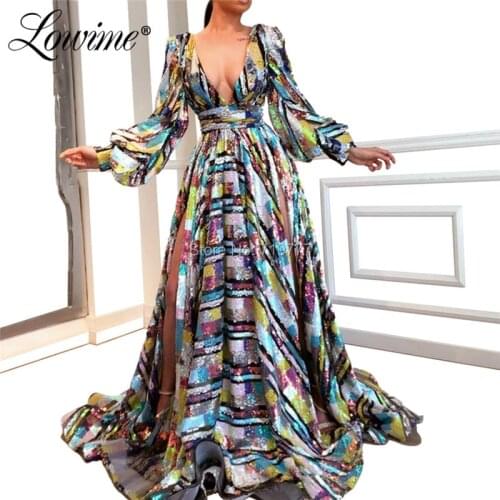 Hot Sexy Sequin Deep V Neck Evening Dresses 2019 Vestidos De Festa Longo Arabic Dubai Women Prom Dress Long Sleeves Party Gowns