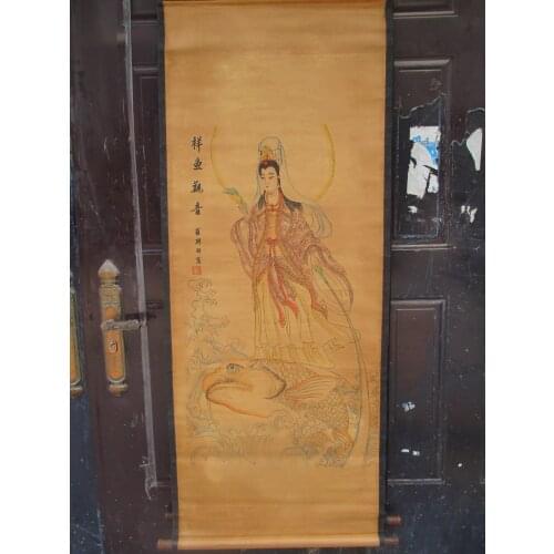Collection Home wall decoration painting ,Chinese old paper scroll painting "Guan yin with fish" Figure Painting