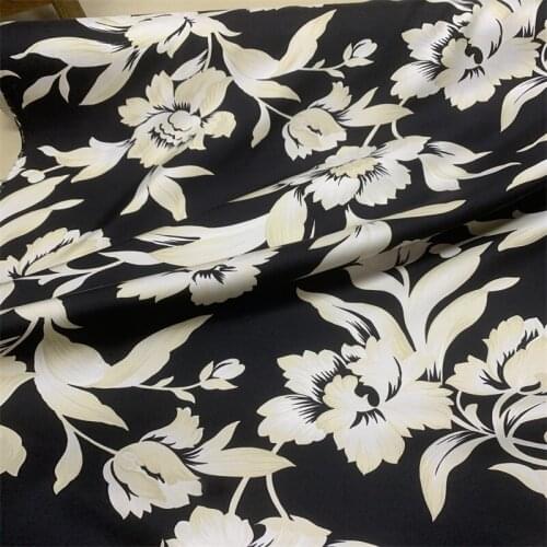 140CM Wide 19MM Floral Print Black Silk Twill Fabric for Summer Long and Short Dress Shirt Scarf Pants G025