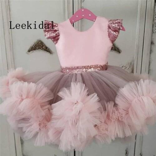 2021 Pink Baby Girls Dresses Knee Length Puffy Girls Toddler Infant Birthday Dresses Tutu Girls Birthday Dress Size 12m 18m 24M