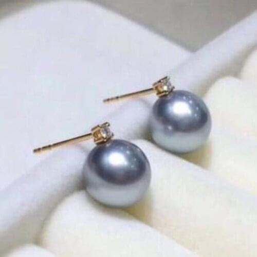 Free shipping>>>>noble jewelry gorgeous AAA9-10mm round south sea grey pearl earring 18k