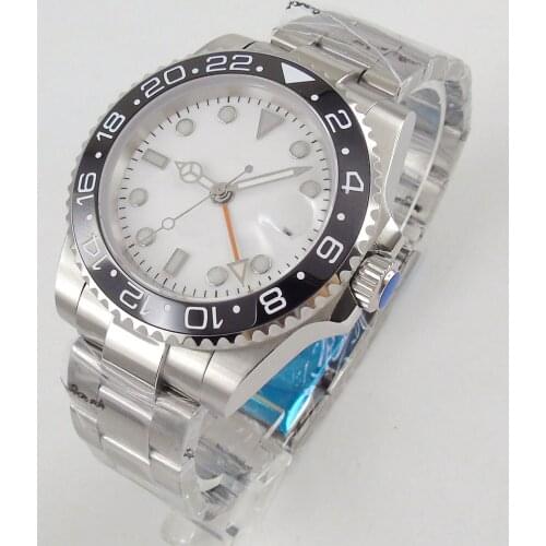 40MM Sterile White Dial Ceramic Bezel Sapphire Glass Date Steel Bracelet Orange GMT Automatic Movement Mens Watch