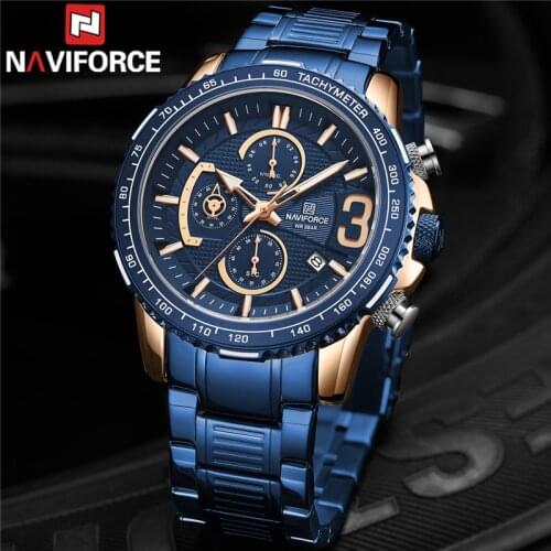 NAVIFORCE Men Watch Date Sport Man Wristwatch Top Brand Luxury Blue Military Chronograph Stainless Steel Quartz Male Clock 8017