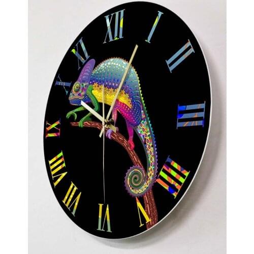Silent Swept For Living Room Vintage Roman Numerals Chameleon Art Print Wall Clock Lizard Wall Watch Wildlife Animal Home Decor