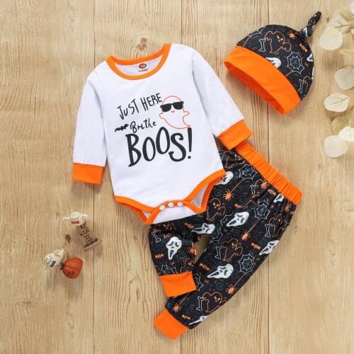 Infant Baby Boy Clothes Sets Autumn Halloween Cartoon Letter Romper Bodysuit+Pants Hat Outfits Kids Clothing Babys Sets