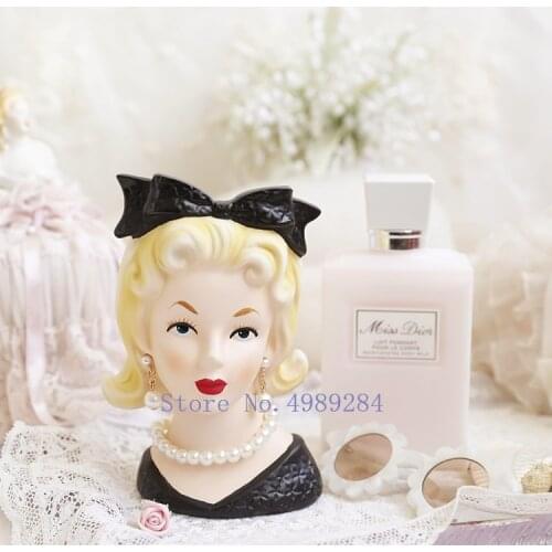 Creative Retro beauty Human head Sculpture lady pearl Bow Home desktop storage organization Decorative accessories vintage