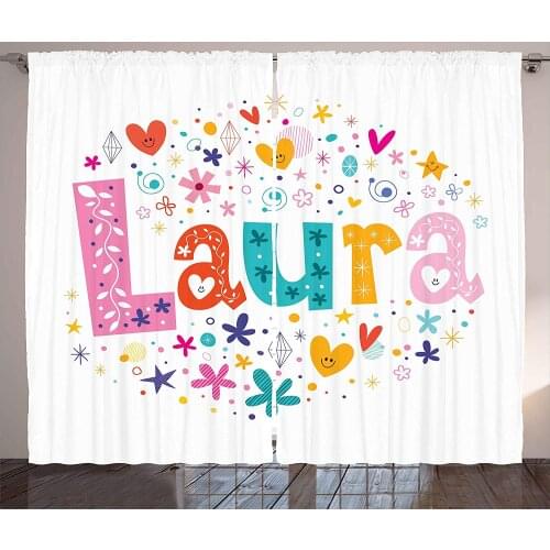 Laura Curtains Baby Girl Name with Vintage Doodle Style Flowers and Stars Colorful Illustration Living Room Bedroom Window
