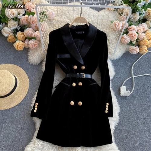 Luzuzi Women Elegant Velvet Suit Jacket Autumn Double Breasted Long Sleeve Dress With Black Belt Office Lady Slim Dress Outwear