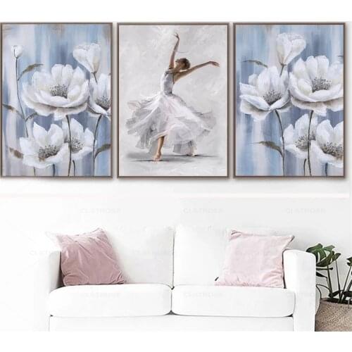 White Flowers Canvas Wall Art Poster Elegant Dancing Girl Print Painting Modern Posters Nordic Wall Pictures Living Room Decor