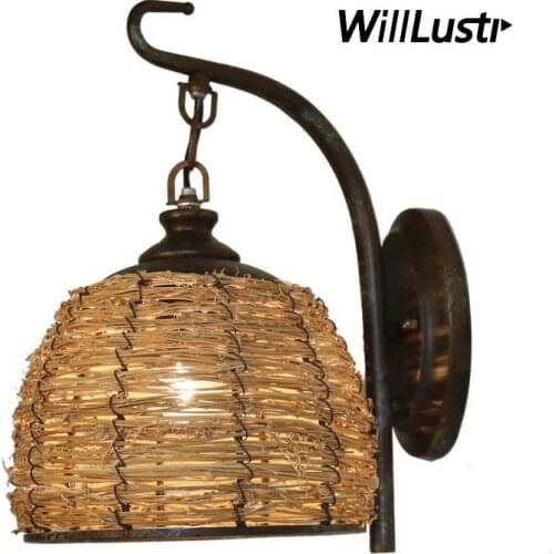 Retro Handmade Rattan Wall Lamp American Country Style Sconce Hotel Inn Bar Cafe Living Room Loft Balcony Art Deco Wicker Light