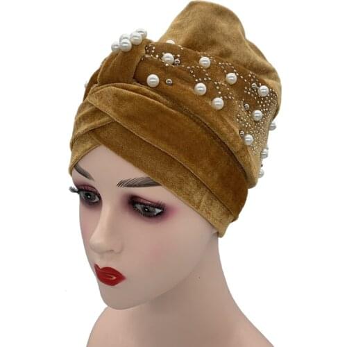 2021 Lastest Beading Turban Bonnet for Women Soft Velvet Hijab Turbans Muslim Head Wraps Islamic Headwear Turbante Mujer Hejab