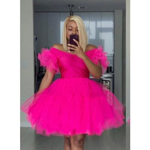 Hot Pink Prom Dresses African Girl Plus Size Party Dress With Cap Sleeve Knee Length Short Prom Gowns Tutu Dress Custom