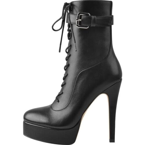 Richealnana Womens Platform Side Zip Ankle Booties High Thin Heel Leather Fashion Boots Metal Plates Buckle Stilettos Shoes