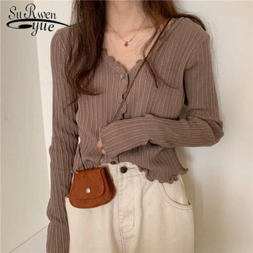 V-neck Sweater Women Cotton Slim Korean Sweater 2021 Autumn Long Sleeve Office Lady Clothes Thin Sunscreen Sweet Cardigan 10554