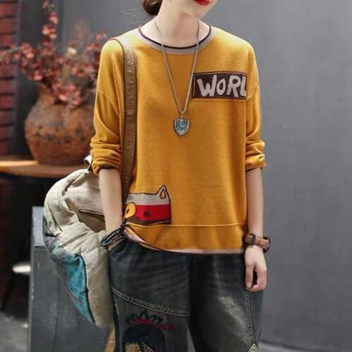 Literature and Art Retro Cartoon Printed Sweater Women Fashion Loose Large Size Round Neck Long Sleeve Knitted Jumpers Female